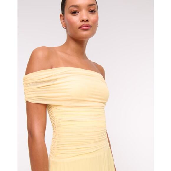 Abercrombie & Fitch Giselle Mesh Maxi Dress Ruched Off The Shoulder Formal Gown - Picture 2 of 11